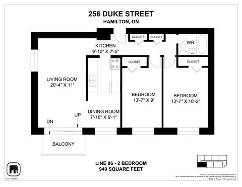 Floor plan for 2 beds, 1 bath, 949 sqft